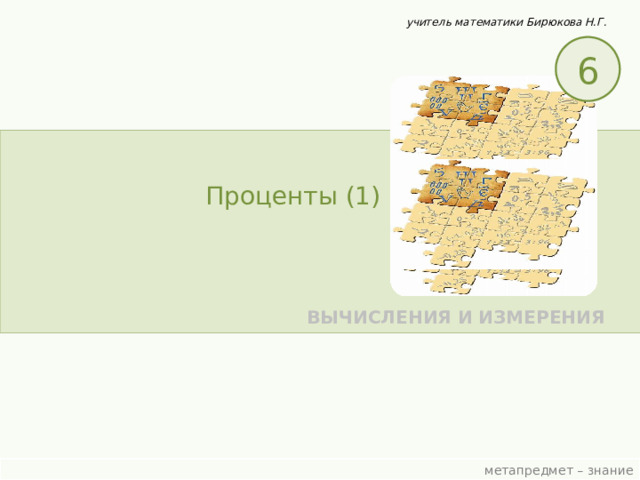 учитель математики Бирюкова Н.Г. 6 Проценты (1) ВЫЧИСЛЕНИЯ И ИЗМЕРЕНИЯ  метапредмет – знание 