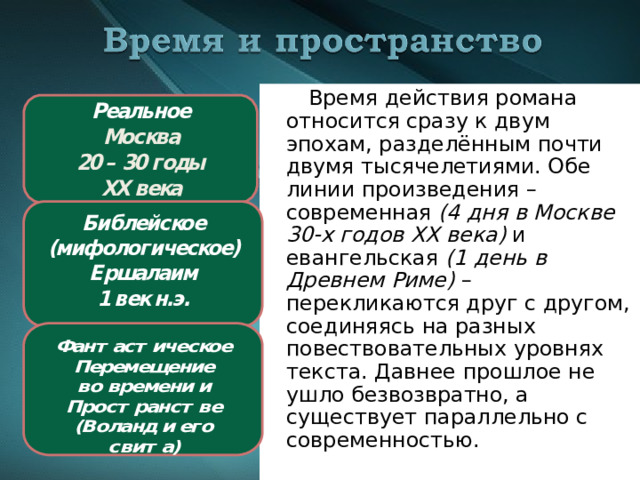  Время действия романа относится сразу к двум эпохам, разделённым почти двумя тысячелетиями. Обе линии произведения – современная (4 дня в Москве 30-х годов XX века) и евангельская (1 день в Древнем Риме) – перекликаются друг с другом, соединяясь на разных  повествовательных уровнях текста. Давнее прошлое не ушло безвозвратно, а существует параллельно с современностью. 
