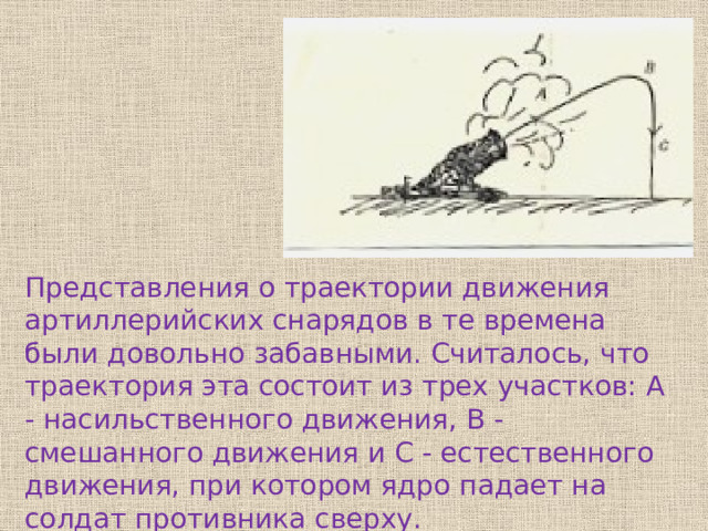 Представления о траектории движения артиллерийских снарядов в те времена были довольно забавными. Считалось, что траектория эта состоит из трех участков: А - насильственного движения, В - смешанного движения и С - естественного движения, при котором ядро падает на солдат противника сверху. 