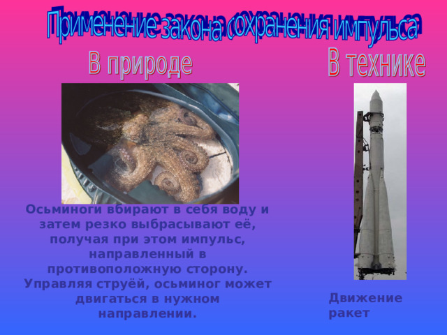 Осьминоги вбирают в себя воду и затем резко выбрасывают её, получая при этом импульс, направленный в противоположную сторону. Управляя струёй, осьминог может двигаться в нужном направлении. Движение ракет 