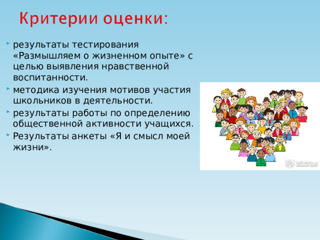 результаты тестирования «Размышляем о жизненном опыте» с целью выявления нравственной воспитанности. методика изучения мотивов участия школьников в деятельности. результаты работы по определению общественной активности учащихся. Результаты анкеты «Я и смысл моей жизни».  