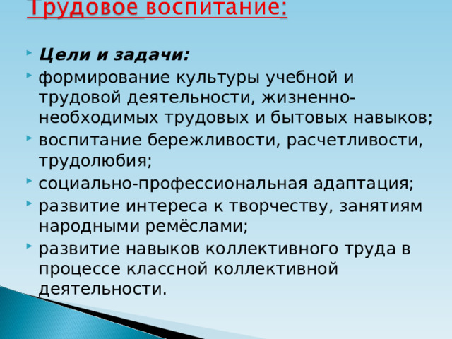 Цели и задачи: формирование культуры учебной и трудовой деятельности, жизненно-необходимых трудовых и бытовых навыков; воспитание бережливости, расчетливости, трудолюбия; социально-профессиональная адаптация; развитие интереса к творчеству, занятиям народными ремёслами; развитие навыков коллективного труда в процессе классной коллективной деятельности.  