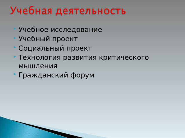 Учебное исследование Учебный проект Социальный проект Технология развития критического мышления Гражданский форум  