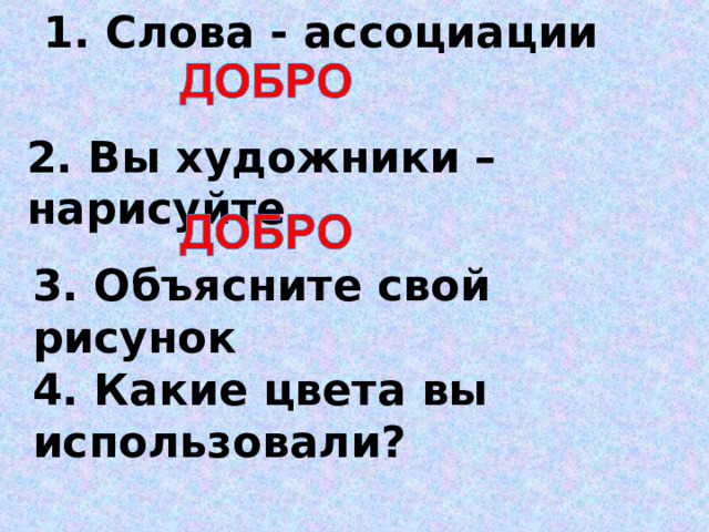 1. Слова - ассоциации 2. Вы художники – нарисуйте   3. Объясните свой рисунок 4. Какие цвета вы использовали?    
