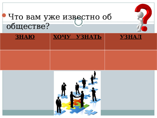 Что вам уже известно об обществе?  ЗНАЮ ХОЧУ УЗНАТЬ УЗНАЛ  