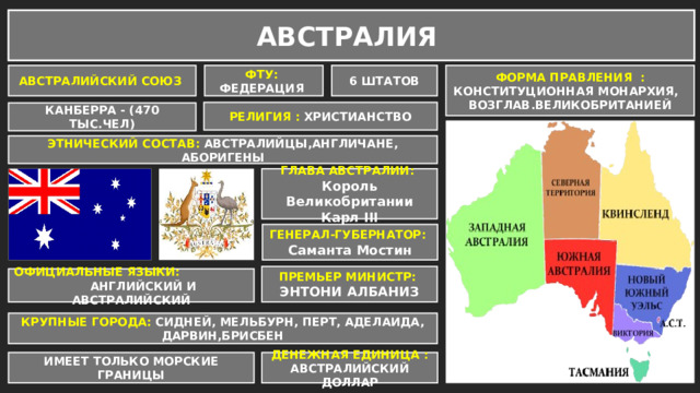 АВСТРАЛИЯ АВСТРАЛИЙСКИЙ СОЮЗ ФТУ: ФЕДЕРАЦИЯ ФОРМА ПРАВЛЕНИЯ : КОНСТИТУЦИОННАЯ МОНАРХИЯ, ВОЗГЛАВ.ВЕЛИКОБРИТАНИЕЙ 6 ШТАТОВ РЕЛИГИЯ : ХРИСТИАНСТВО КАНБЕРРА - (470 ТЫС.ЧЕЛ) ЭТНИЧЕСКИЙ СОСТАВ: АВСТРАЛИЙЦЫ,АНГЛИЧАНЕ, АБОРИГЕНЫ ГЛАВА АВСТРАЛИИ: Король Великобритании Карл III ГЕНЕРАЛ-ГУБЕРНАТОР: Саманта Мостин ПРЕМЬЕР МИНИСТР: ЭНТОНИ АЛБАНИЗ ОФИЦИАЛЬНЫЕ ЯЗЫКИ: АНГЛИЙСКИЙ И АВСТРАЛИЙСКИЙ КРУПНЫЕ ГОРОДА: СИДНЕЙ, МЕЛЬБУРН, ПЕРТ, АДЕЛАИДА, ДАРВИН,БРИСБЕН ДЕНЕЖНАЯ ЕДИНИЦА : АВСТРАЛИЙСКИЙ ДОЛЛАР ИМЕЕТ ТОЛЬКО МОРСКИЕ ГРАНИЦЫ 