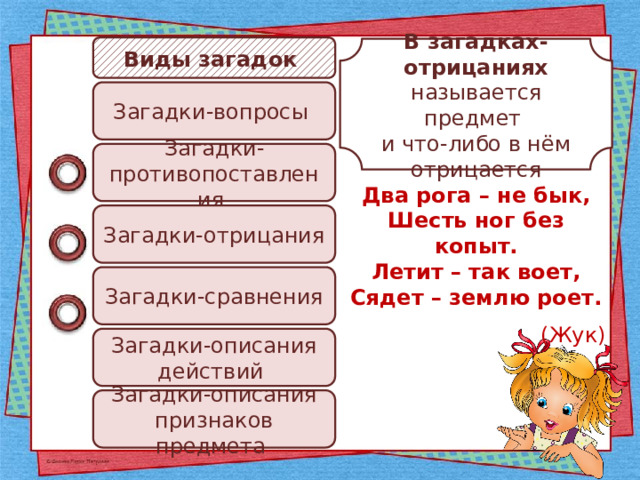 Виды загадок В загадках-отрицаниях называется предмет и что-либо в нём отрицается Загадки-вопросы Загадки-противопоставления Два рога – не бык, Шесть ног без копыт. Летит – так воет, Сядет – землю роет.  (Жук) Загадки-отрицания Загадки-сравнения Загадки-описания действий Загадки-описания признаков предмета 