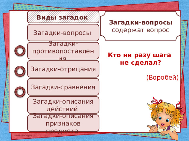 Виды загадок Загадки-вопросы содержат вопрос Загадки-вопросы Загадки-противопоставления Кто ни разу шага не сделал? (Воробей) Загадки-отрицания Загадки-сравнения Загадки-описания действий Загадки-описания признаков предмета 