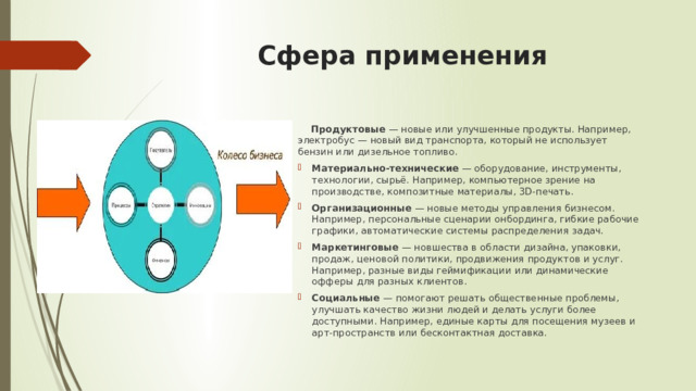 Сфера применения  Продуктовые  — новые или улучшенные продукты. Например, электробус — новый вид транспорта, который не использует бензин или дизельное топливо. Материально-технические  — оборудование, инструменты, технологии, сырьё. Например, компьютерное зрение на производстве, композитные материалы, 3D-печать. Организационные  — новые методы управления бизнесом. Например, персональные сценарии онбординга, гибкие рабочие графики, автоматические системы распределения задач. Маркетинговые  — новшества в области дизайна, упаковки, продаж, ценовой политики, продвижения продуктов и услуг. Например, разные виды геймификации или динамические офферы для разных клиентов. Социальные  — помогают решать общественные проблемы, улучшать качество жизни людей и делать услуги более доступными. Например, единые карты для посещения музеев и арт-пространств или бесконтактная доставка. 