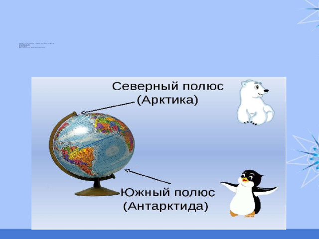 Прежде чем отправиться в путешествие, мы познакомимся с глобусом. Это уменьшенная модель Земли.  Короной снежной с двух сторон  Наш шар прекрасный окружен!  Два полюса, два братика-  Антарктика и Арктика  Арктика – царство снега и льда, покрывающего Северный Ледовитый океан. 