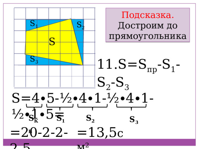Подсказка. Достроим до прямоугольника S 1 S 2 S S 3 11.S=S пр -S 1 -S 2 -S 3 S=4∙5-½∙4∙1-½∙4∙1- ½∙1∙5= S КВ S 2 S 1 S 3 =13,5 см 2 =20-2-2-2,5 