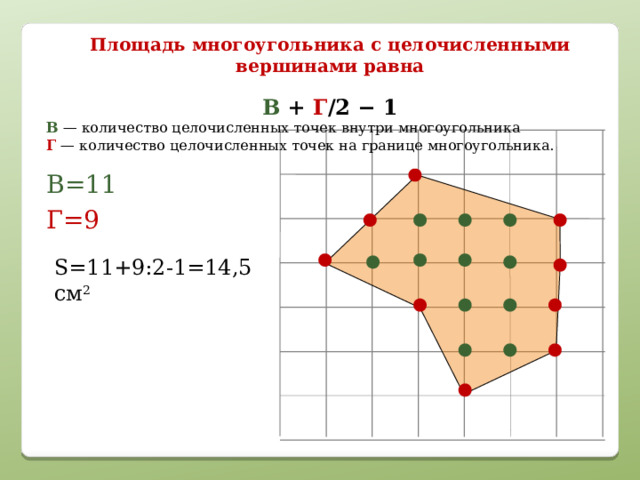Площадь многоугольника с целочисленными вершинами равна В + Г /2 − 1 В  — количество целочисленных точек внутри многоугольника  Г   — количество целочисленных точек на границе многоугольника. В=11 Г=9 S=11+9:2-1=14,5 см 2 