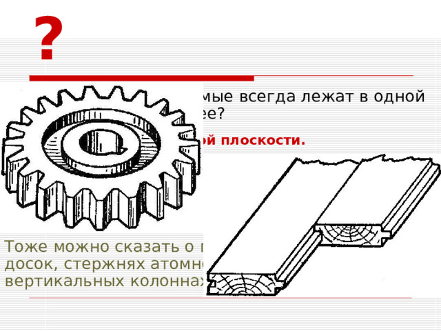 ? Две параллельные прямые всегда лежат в одной плоскости. А три и более?  Могут и не лежать в одной плоскости. Например, все рёбра прямозубой цилиндрической шестерни лежат на параллельных прямых, но не принадлежат одной плоскости. Тоже можно сказать о продольных шпунтовых досок, стержнях атомного реактора, вертикальных колоннах строящегося дома и т.д. 