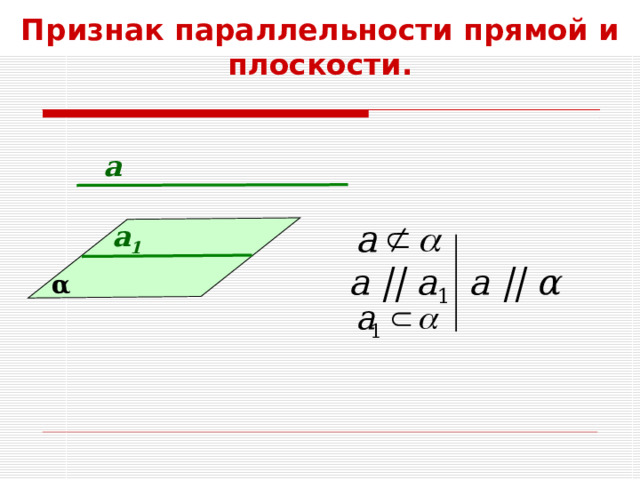 Признак параллельности прямой и плоскости. а а 1 а || а 1 а ||  α α 