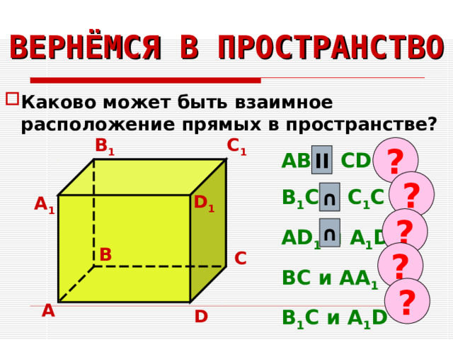 ВЕРНЁМСЯ В ПРОСТРАНСТВО Каково может быть взаимное расположение прямых в пространстве? C 1 B 1 ? AB и CD B 1 C и C 1 C AD 1 и A 1 D BC и AA 1 B 1 C и A 1 D II ? ∩ D 1 А 1 ? ∩ B ? C ? А D 