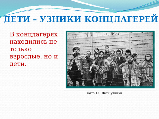 ДЕТИ – УЗНИКИ КОНЦЛАГЕРЕЙ В концлагерях находились не только взрослые, но и дети. Фото 14. Дети узники 