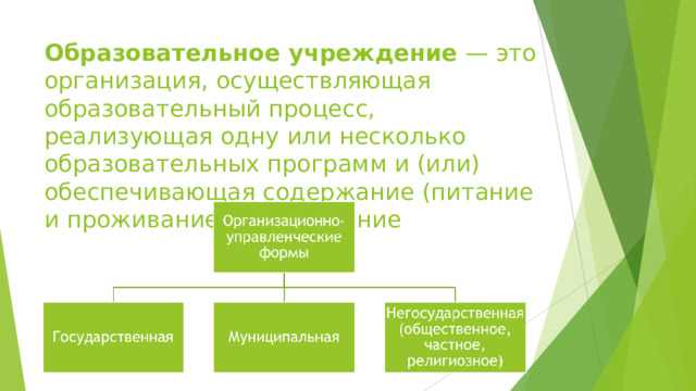 Образовательное учреждение — это организация, осуществляющая образовательный процесс, реализующая одну или несколько образовательных программ и (или) обеспечивающая содержание (питание и проживание) и воспитание 