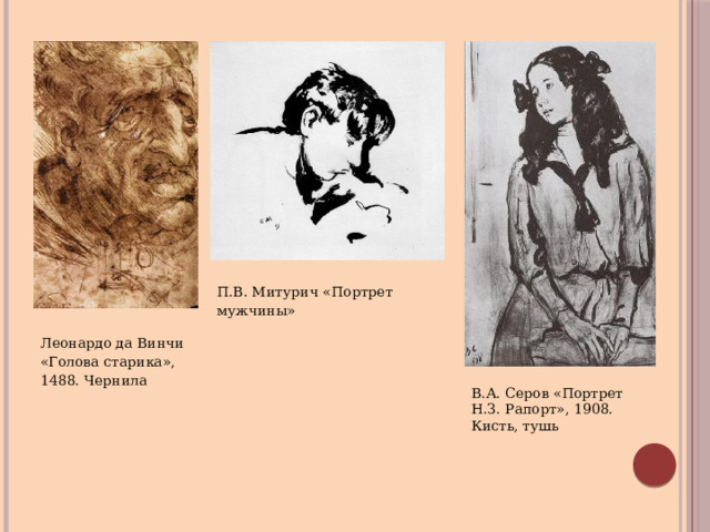 П.В. Митурич «Портрет мужчины» Леонардо да Винчи «Голова старика», 1488. Чернила В.А. Серов «Портрет Н.З. Рапорт», 1908. Кисть, тушь 