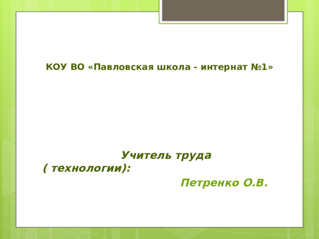 КОУ ВО «Павловская школа - интернат №1»     Учитель труда ( технологии):  Петренко О.В. 