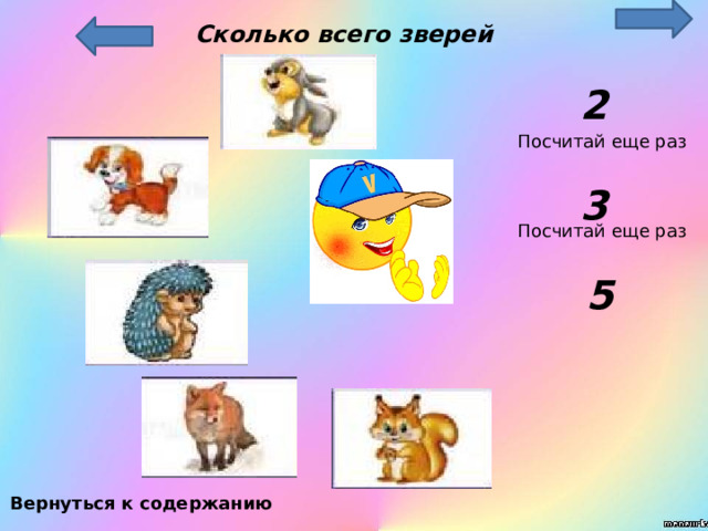 Сколько всего зверей 2 Посчитай еще раз 3 Посчитай еще раз 5 Вернуться к содержанию 