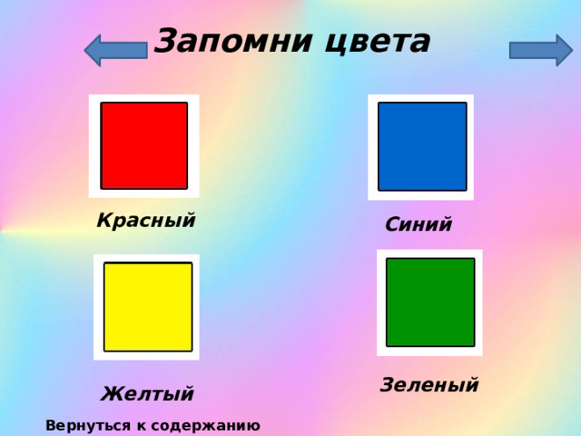Запомни цвета Красный Синий Зеленый Желтый  Вернуться к содержанию 