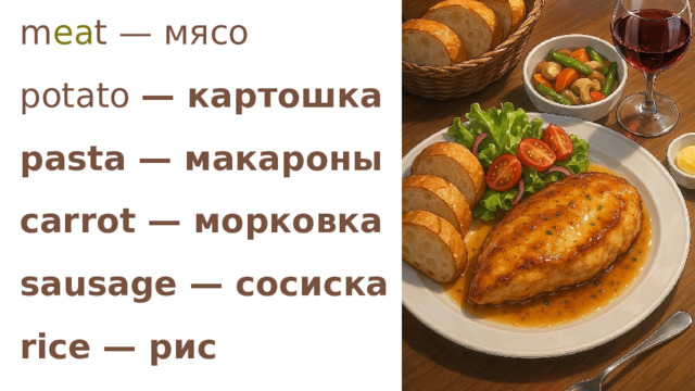 m ea t — мясо potato — картошка pasta — макароны carrot — морковка sausage — сосиска rice — рис 
