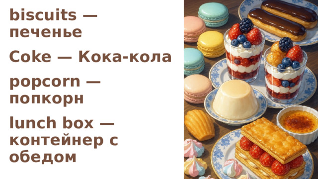 biscuits — печенье Coke — Кока-кола popcorn — попкорн lunch box — контейнер с обедом    