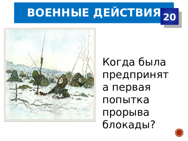 ВОЕННЫЕ ДЕЙСТВИЯ 20 Когда была предпринята первая попытка прорыва блокады? Шлиссельбург    