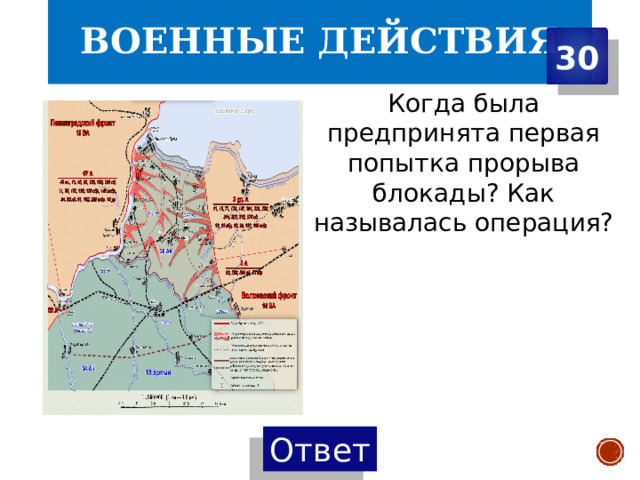 Военные действия 30 Когда была предпринята первая попытка прорыва блокады? Как называлась операция? 