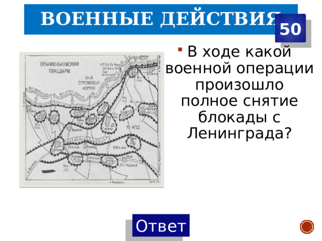 Военные действия 50 В ходе какой военной операции произошло полное снятие блокады с Ленинграда? 