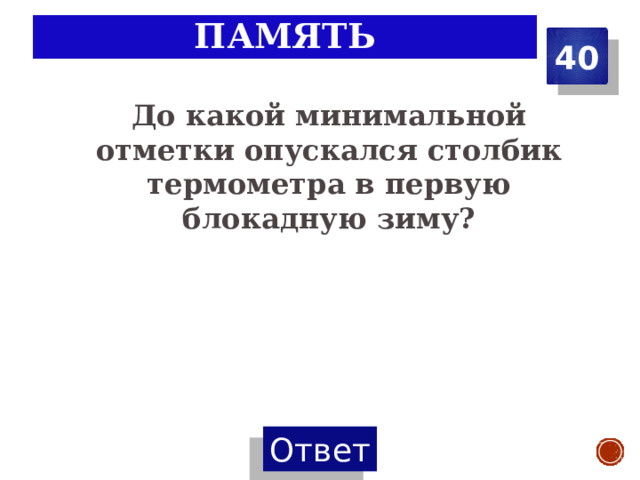 память 40 До какой минимальной отметки опускался столбик термометра в первую блокадную зиму? 