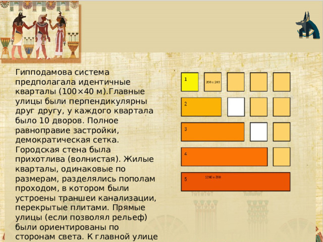 Гипподамова система предполагала идентичные кварталы (100×40 м).Главные улицы были перпендикулярны друг другу, у каждого квартала было 10 дворов. Полное равноправие застройки, демократическая сетка. Городская стена была прихотлива (волнистая). Жилые кварталы, одинаковые по размерам, разделялись пополам проходом, в котором были устроены траншеи канализации, перекрытые плитами. Прямые улицы (если позволял рельеф) были ориентированы по сторонам света. К главной улице примыкала агора. Театры и стадионы строились за пределами жилых кварталов. 
