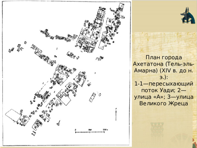 План города Ахетатона (Тель-эль-Амарна) (XIV в. до н. э.):  1-1—пересыхающий поток Уади; 2—улица «А»; 3—улица Великого Жреца 