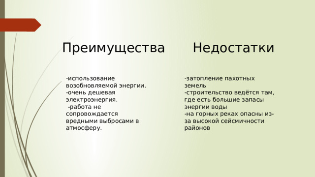 Преимущества Недостатки   -использование возобновляемой энергии. -очень дешевая электроэнергия. -затопление пахотных земель  -работа не сопровождается вредными выбросами в атмосферу. -строительство ведётся там, где есть большие запасы энергии воды -на горных реках опасны из-за высокой сейсмичности районов 