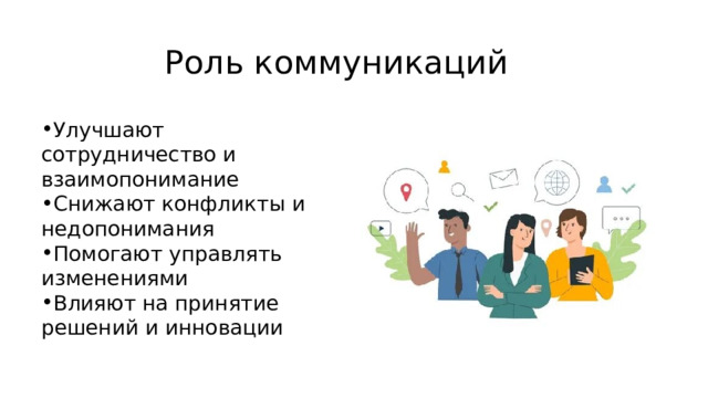 Роль коммуникаций Улучшают сотрудничество и взаимопонимание Снижают конфликты и недопонимания Помогают управлять изменениями Влияют на принятие решений и инновации 