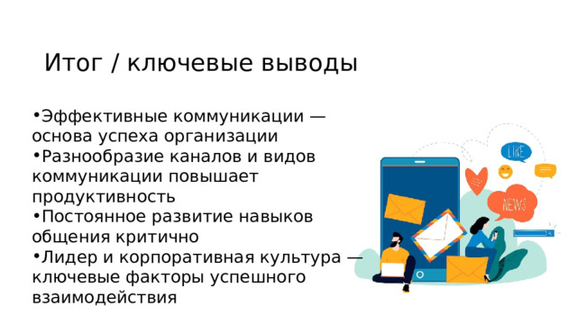 Итог / ключевые выводы Эффективные коммуникации — основа успеха организации Разнообразие каналов и видов коммуникации повышает продуктивность Постоянное развитие навыков общения критично Лидер и корпоративная культура — ключевые факторы успешного взаимодействия 