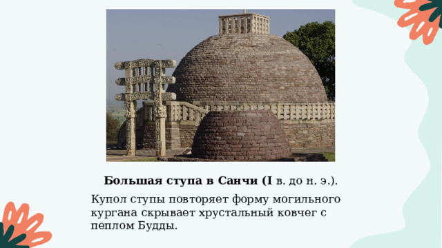 Большая ступа в Санчи ( I в. до н. э.). Купол ступы повторяет форму могильного кургана скрывает хрустальный ковчег с пеплом Будды. 