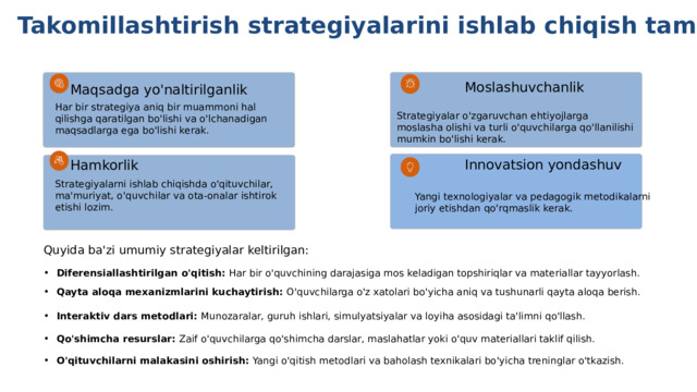 Takomillashtirish strategiyalarini ishlab chiqish tamoyillari Moslashuvchanlik Maqsadga yo'naltirilganlik Har bir strategiya aniq bir muammoni hal qilishga qaratilgan bo'lishi va o'lchanadigan maqsadlarga ega bo'lishi kerak. Strategiyalar o'zgaruvchan ehtiyojlarga moslasha olishi va turli o'quvchilarga qo'llanilishi mumkin bo'lishi kerak. Innovatsion yondashuv Hamkorlik Zaif nuqtalar aniqlangach, ularni bartaraf etishga qaratilgan samarali strategiyalarni ishlab chiqish lozim. Bu jarayon tizimli bo'lishi va quyidagi tamoyillarga asoslanishi kerak: Strategiyalarni ishlab chiqishda o'qituvchilar, ma'muriyat, o'quvchilar va ota-onalar ishtirok etishi lozim. Yangi texnologiyalar va pedagogik metodikalarni joriy etishdan qo'rqmaslik kerak. Quyida ba'zi umumiy strategiyalar keltirilgan: Diferensiallashtirilgan o'qitish: Har bir o'quvchining darajasiga mos keladigan topshiriqlar va materiallar tayyorlash. Qayta aloqa mexanizmlarini kuchaytirish: O'quvchilarga o'z xatolari bo'yicha aniq va tushunarli qayta aloqa berish. Interaktiv dars metodlari: Munozaralar, guruh ishlari, simulyatsiyalar va loyiha asosidagi ta'limni qo'llash. 7 Qo'shimcha resurslar: Zaif o'quvchilarga qo'shimcha darslar, maslahatlar yoki o'quv materiallari taklif qilish. O'qituvchilarni malakasini oshirish: Yangi o'qitish metodlari va baholash texnikalari bo'yicha treninglar o'tkazish. 