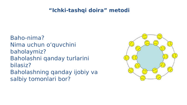 “ Ichki-tashqi doira” metodi Baho-nima? Nima uchun o‘quvchini baholaymiz? Baholashni qanday turlarini bilasiz? Baholashning qanday ijobiy va salbiy tomonlari bor? 
