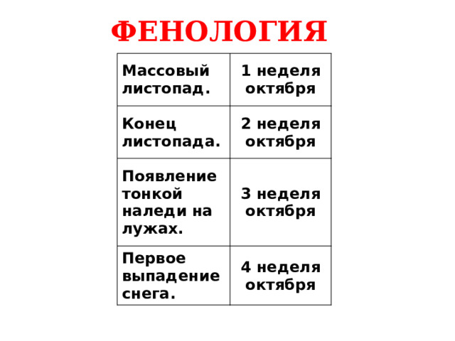 ФЕНОЛОГИЯ Массовый листопад. 1 неделя октября Конец листопада. 2 неделя октября Появление тонкой наледи на лужах. 3 неделя октября Первое выпадение снега. 4 неделя октября 