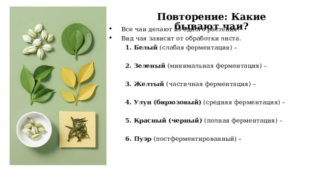 Повторение: Какие бывают чаи? Все чаи делают из одного растения! Вид чая зависит от обработки листа. 1. Белый  (слабая ферментация) –  2. Зеленый  (минимальная ферментация) – 3. Желтый  (частичная ферментация) – 4. Улун (бирюзовый)  (средняя ферментация) – 5. Красный (черный)  (полная ферментация) – 6. Пуэр  (постферментированный) –  