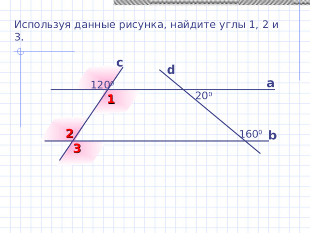 Используя данные рисунка, найдите углы 1, 2 и 3. с d а 120 0  20 0 1 2  160 0 b 3 Б.Г. Зив, В.М. Мейлер «Дидактические материалы по геометрии для 7 класса» 