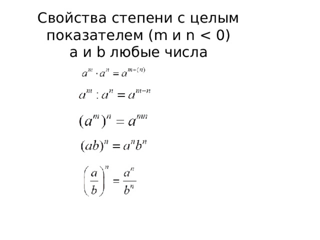 Свойства степени с целым показателем ( m и n 