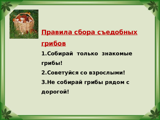 Правила сбора съедобных грибов Собирай только знакомые грибы! Советуйся со взрослыми! Не собирай грибы рядом с дорогой! 