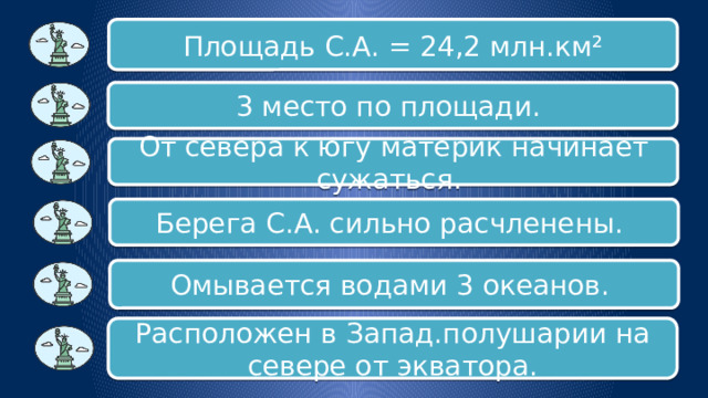 Площадь С.А. = 24,2 млн.км² 3 место по площади. От севера к югу материк начинает сужаться. Берега С.А. сильно расчленены. Омывается водами 3 океанов. Расположен в Запад.полушарии на севере от экватора. 