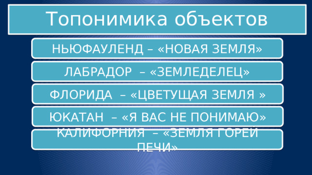 Топонимика объектов НЬЮФАУЛЕНД – «НОВАЯ ЗЕМЛЯ» ЛАБРАДОР – «ЗЕМЛЕДЕЛЕЦ» ФЛОРИДА – «ЦВЕТУЩАЯ ЗЕМЛЯ » ЮКАТАН – «Я ВАС НЕ ПОНИМАЮ» КАЛИФОРНИЯ – «ЗЕМЛЯ ГОРЕЙ ПЕЧИ» 