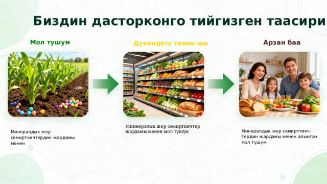  Биздин дасторконго тийгизген таасири Мол тушум Арзан баа   Дүкөндогү тамак-аш Миннералык жер семирткичтер жардамы менен мол түшүм . Минералдык жер семирткичтердин жардамы менен Минералдык жер семирттикч- тердин жардамы менен алынган мол түшүм 