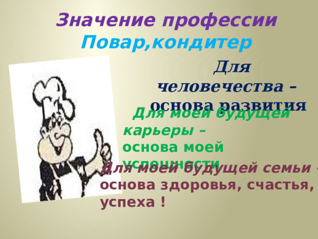 Значение профессии Повар,кондитер  Для человечества – основа развития  Для моей будущей карьеры – основа моей успешности Для моей будущей семьи – основа здоровья, счастья, успеха ! 