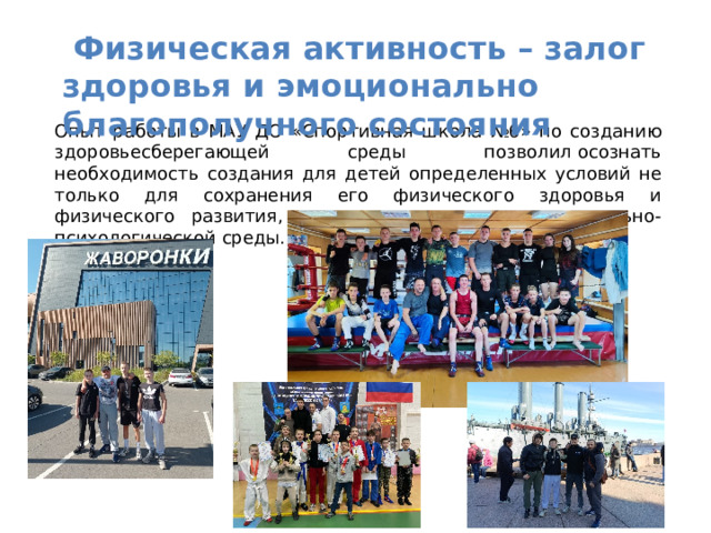   Физическая активность – залог здоровья и эмоционально благополучного состояния    Опыт работы в МАУ ДО «Спортивная школа №6» по созданию здоровьесберегающей среды позволил осознать необходимость создания для детей определенных условий не только для сохранения его физического здоровья и физического развития, но и для создания эмоционально-психологической среды. 