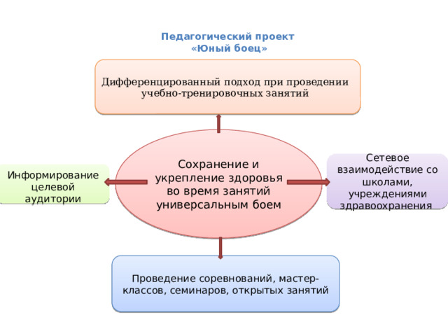 Педагогический проект  «Юный боец»    Дифференцированный подход при проведении учебно-тренировочных занятий Сохранение и укрепление здоровья во время занятий универсальным боем Сетевое взаимодействие со школами, учреждениями здравоохранения Информирование целевой аудитории Проведение соревнований, мастер-классов, семинаров, открытых занятий 